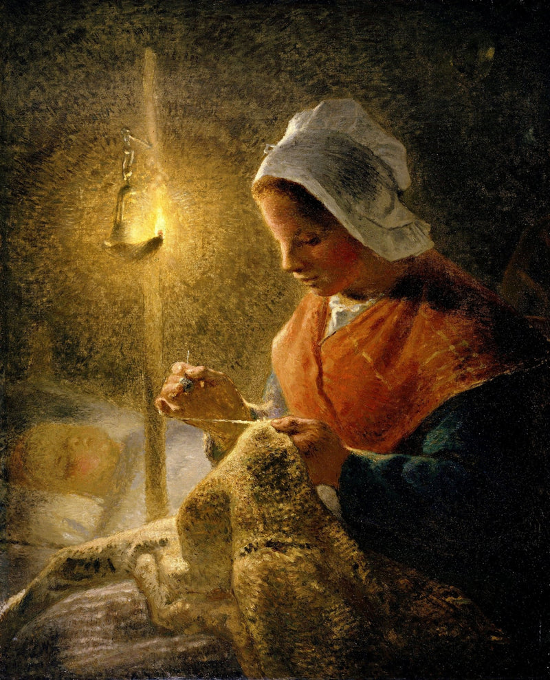 People Oil Painting - Woman Sewing by Lamplight Scene - Oil Painting Haven