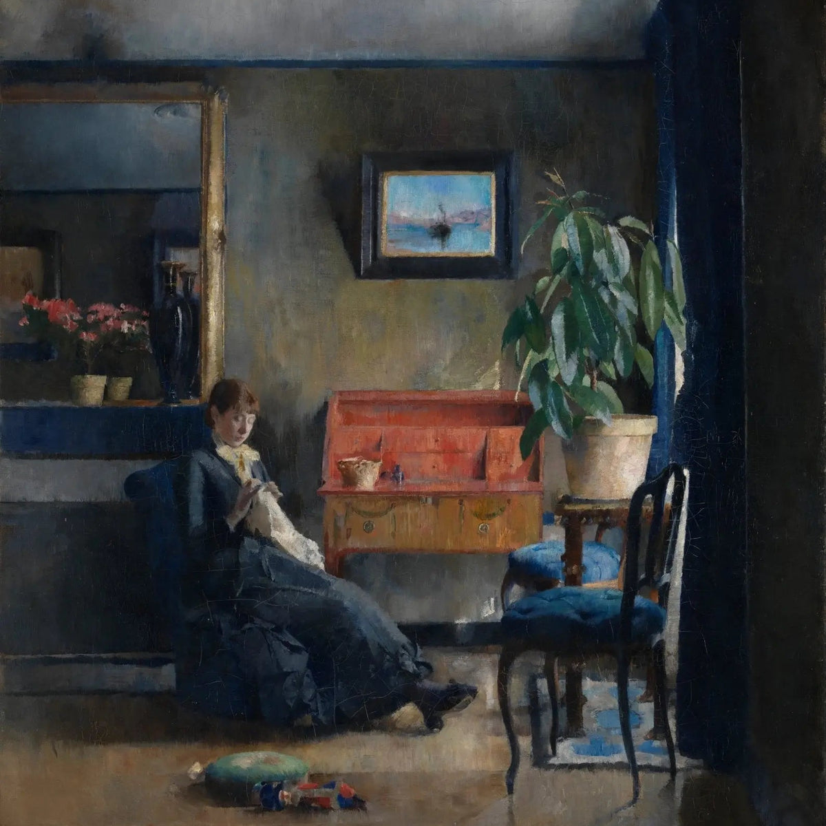 People Oil Painting - Woman Sewing in Interior Setting - Oil Painting Haven