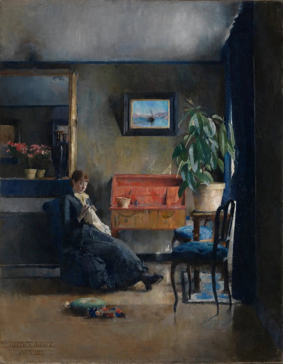 People Oil Painting - Woman Sewing in Interior Setting - Oil Painting Haven