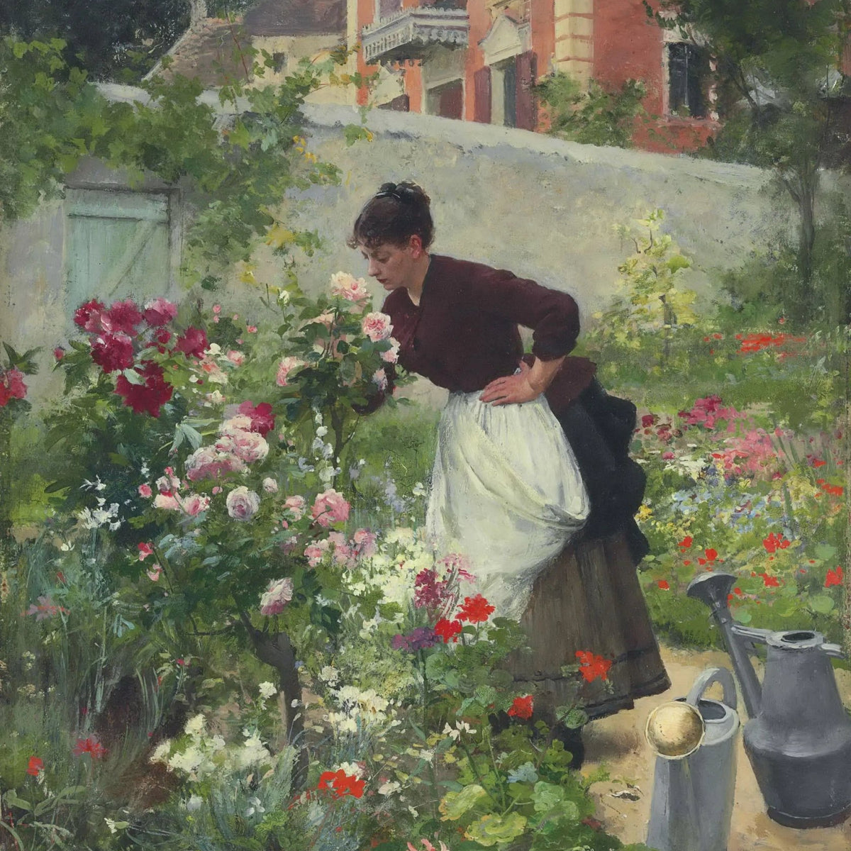 People Oil Painting - Woman Smelling Flowers in Garden - Oil Painting Haven