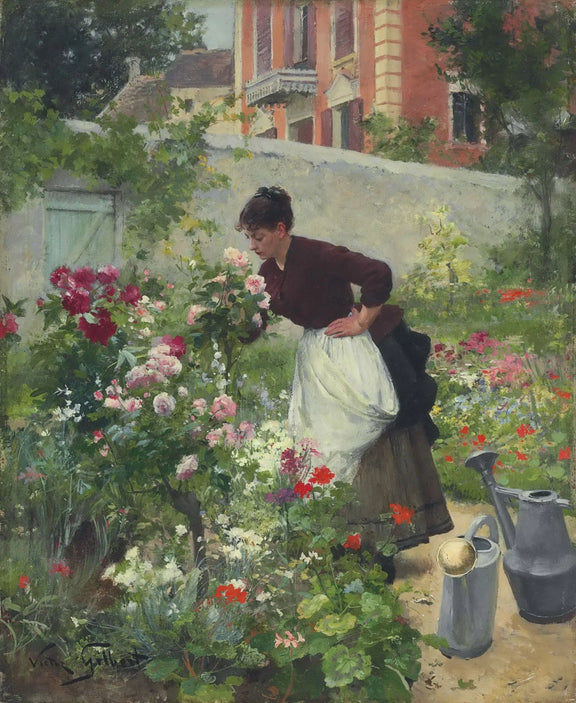 People Oil Painting - Woman Smelling Flowers in Garden - Oil Painting Haven