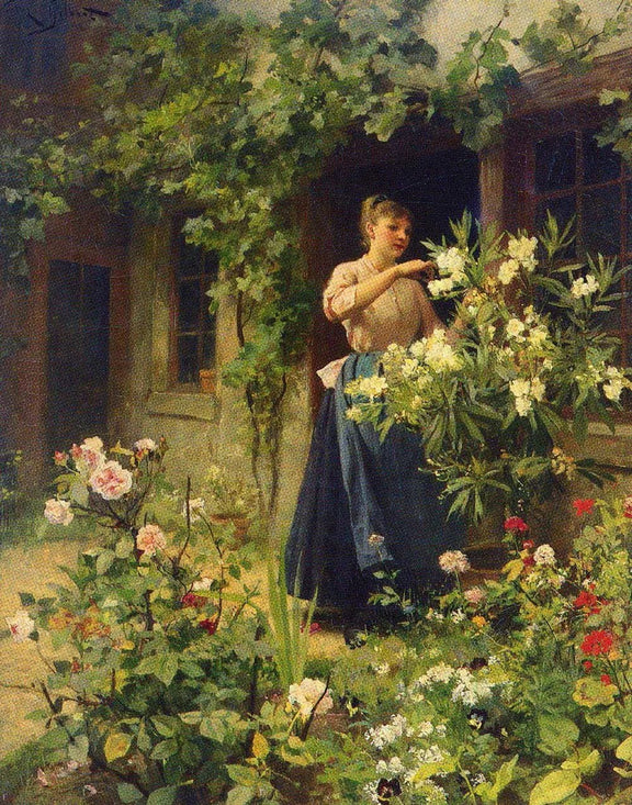 People Oil Painting - Woman Tending Flowers by Cottage - Oil Painting Haven