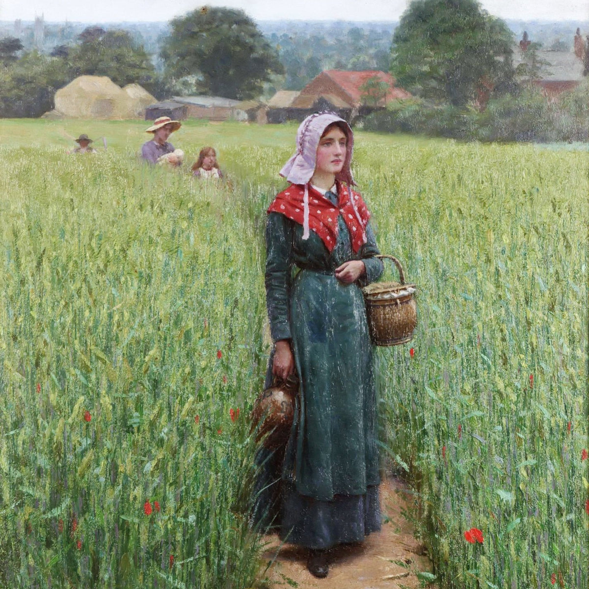 People Oil Painting - Woman Walking Through Countryside Field - Oil Painting Haven