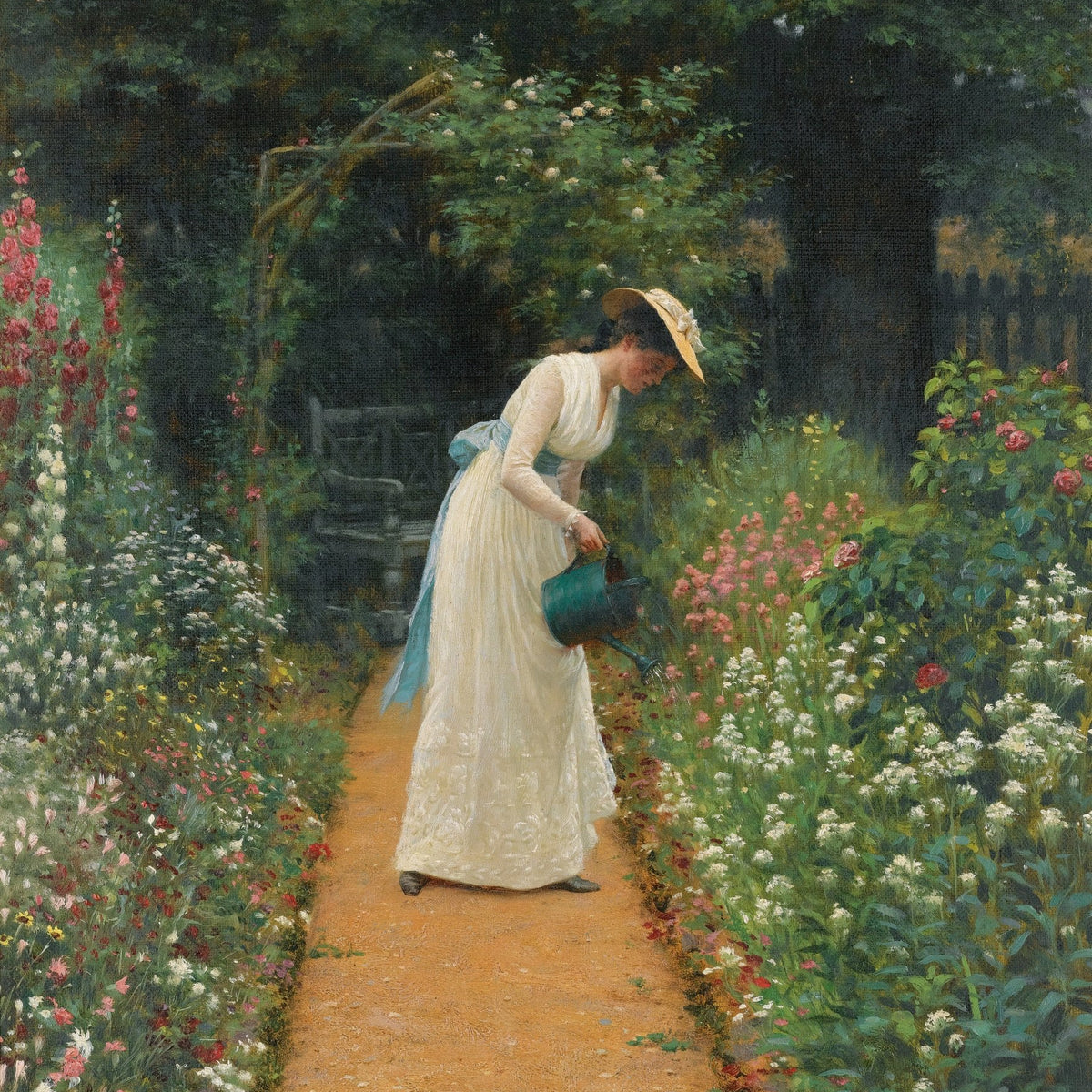 People Oil Painting - Woman Watering Flowers Garden Scene - Oil Painting Haven