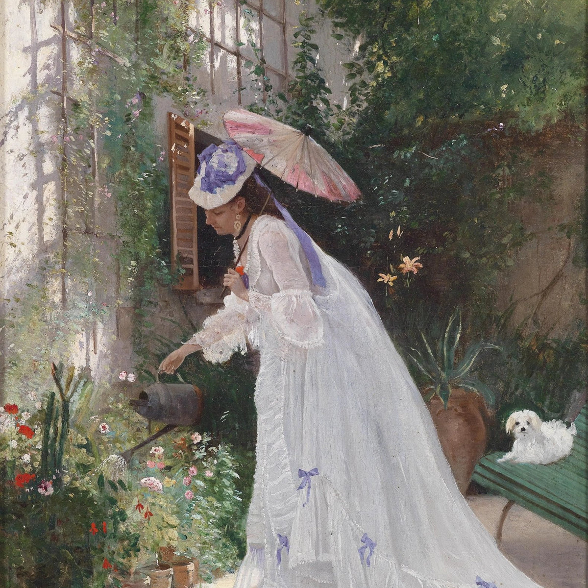 People Oil Painting - Woman Watering Flowers in Garden - Oil Painting Haven