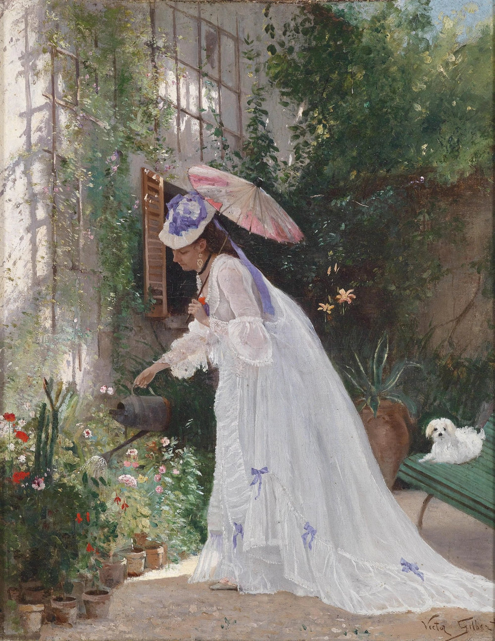 People Oil Painting - Woman Watering Flowers in Garden - Oil Painting Haven