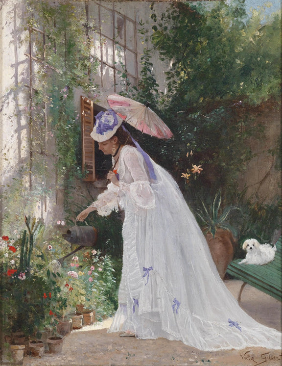 People Oil Painting - Woman Watering Flowers in Garden - Oil Painting Haven