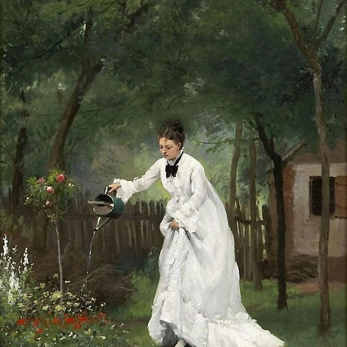 People Oil Painting - Woman Watering Garden Flowers - Oil Painting Haven
