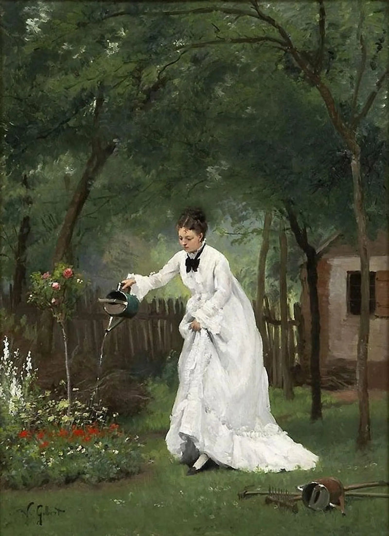 People Oil Painting - Woman Watering Garden Flowers - Oil Painting Haven