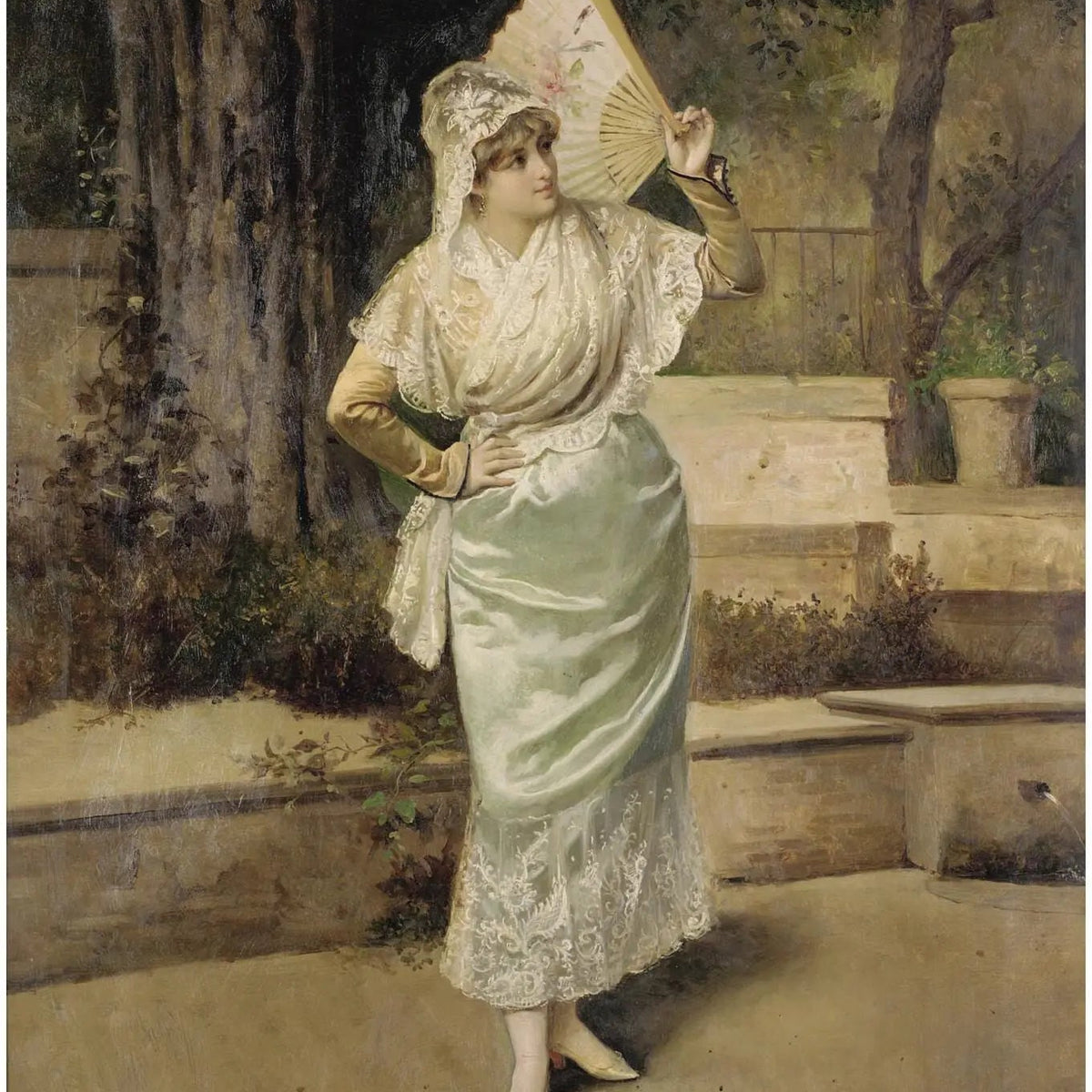 People Oil Painting - Woman with Fan in Garden - Oil Painting Haven