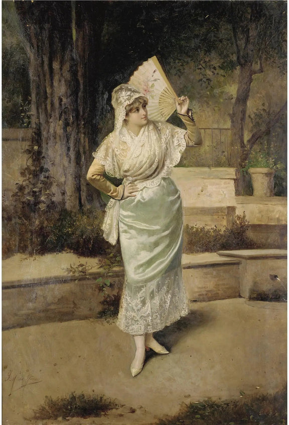 People Oil Painting - Woman with Fan in Garden - Oil Painting Haven