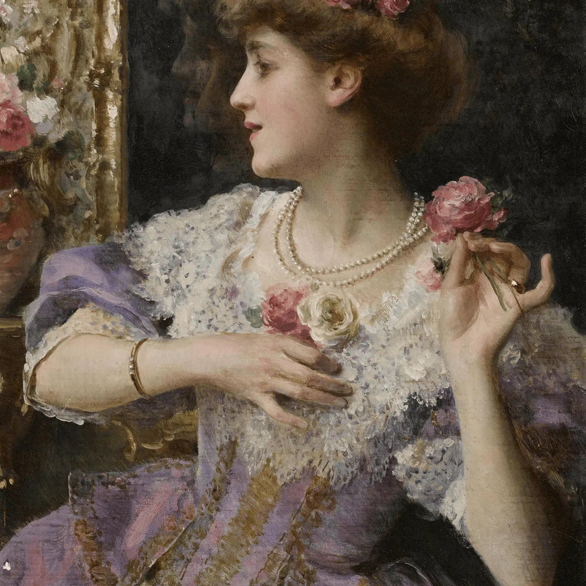 People Oil Painting - Woman with Flowers and Pearls - Oil Painting Haven