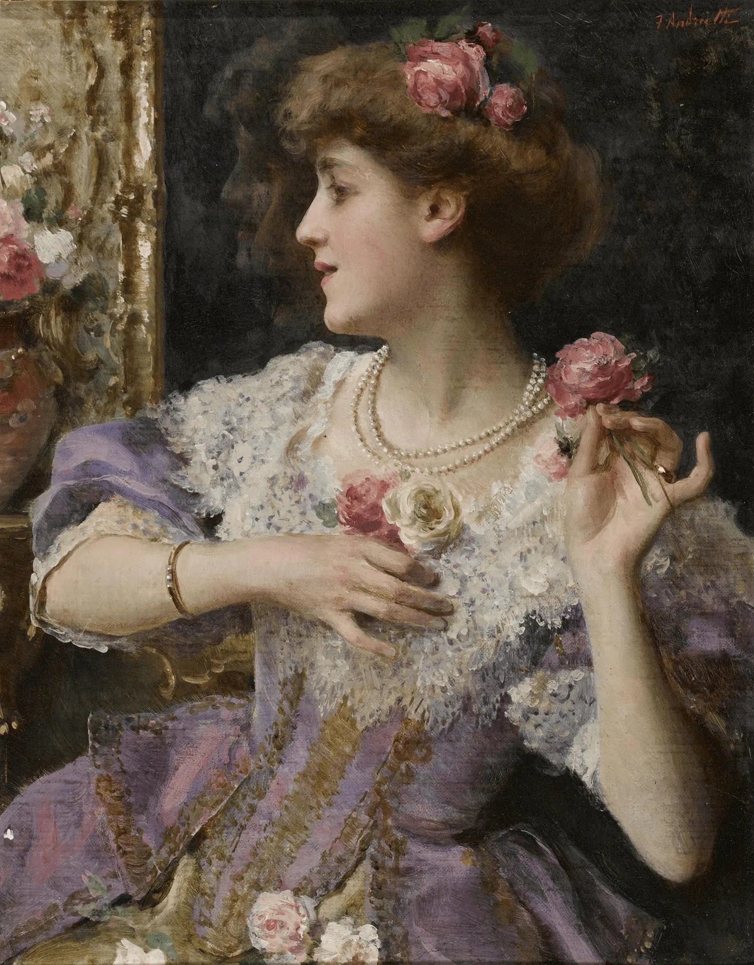 People Oil Painting - Woman with Flowers and Pearls - Oil Painting Haven