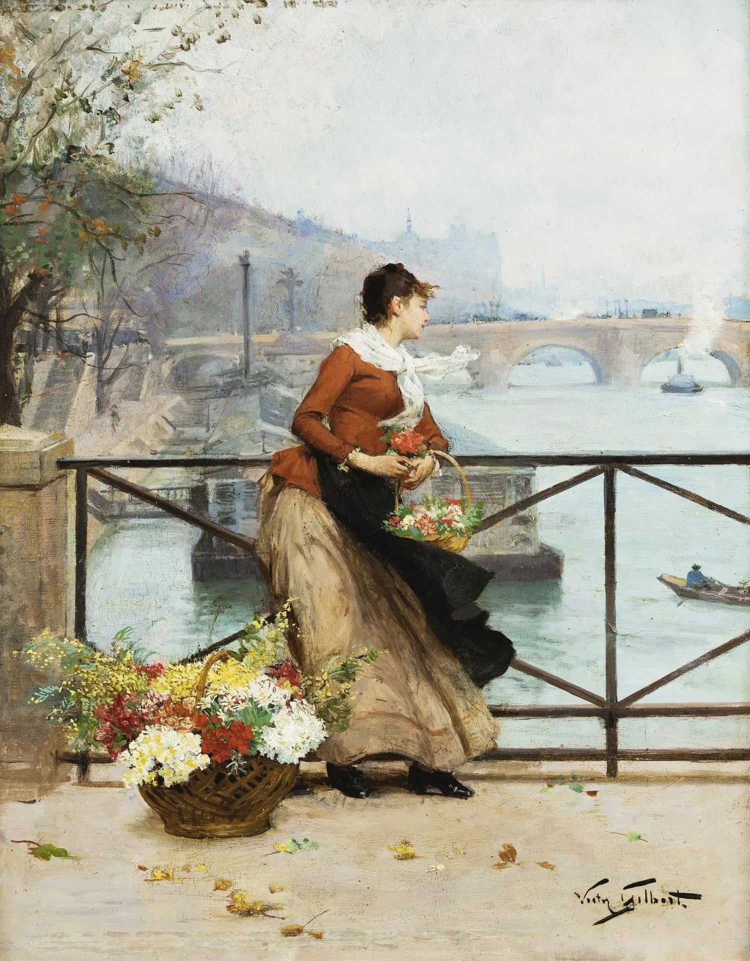 People Oil Painting - Woman with Flowers by Riverside - Oil Painting Haven