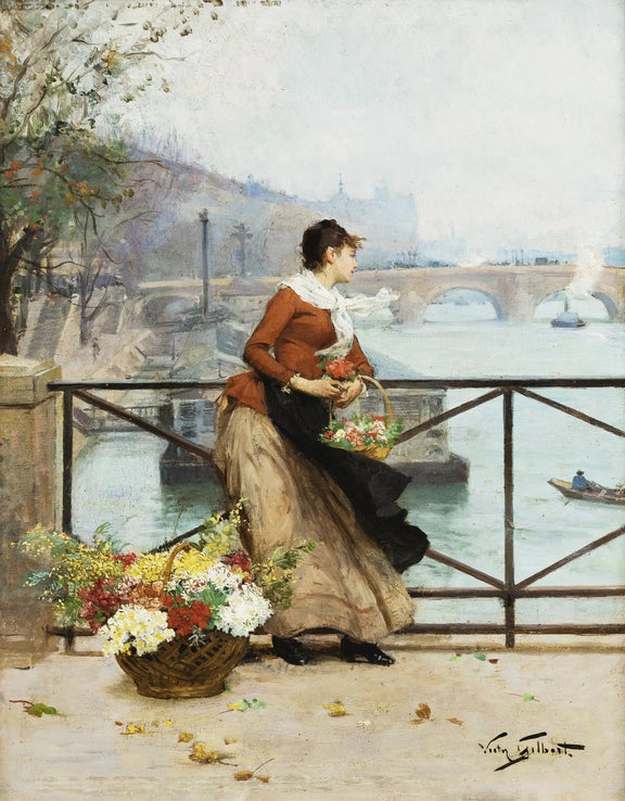 People Oil Painting - Woman with Flowers by Riverside - Oil Painting Haven