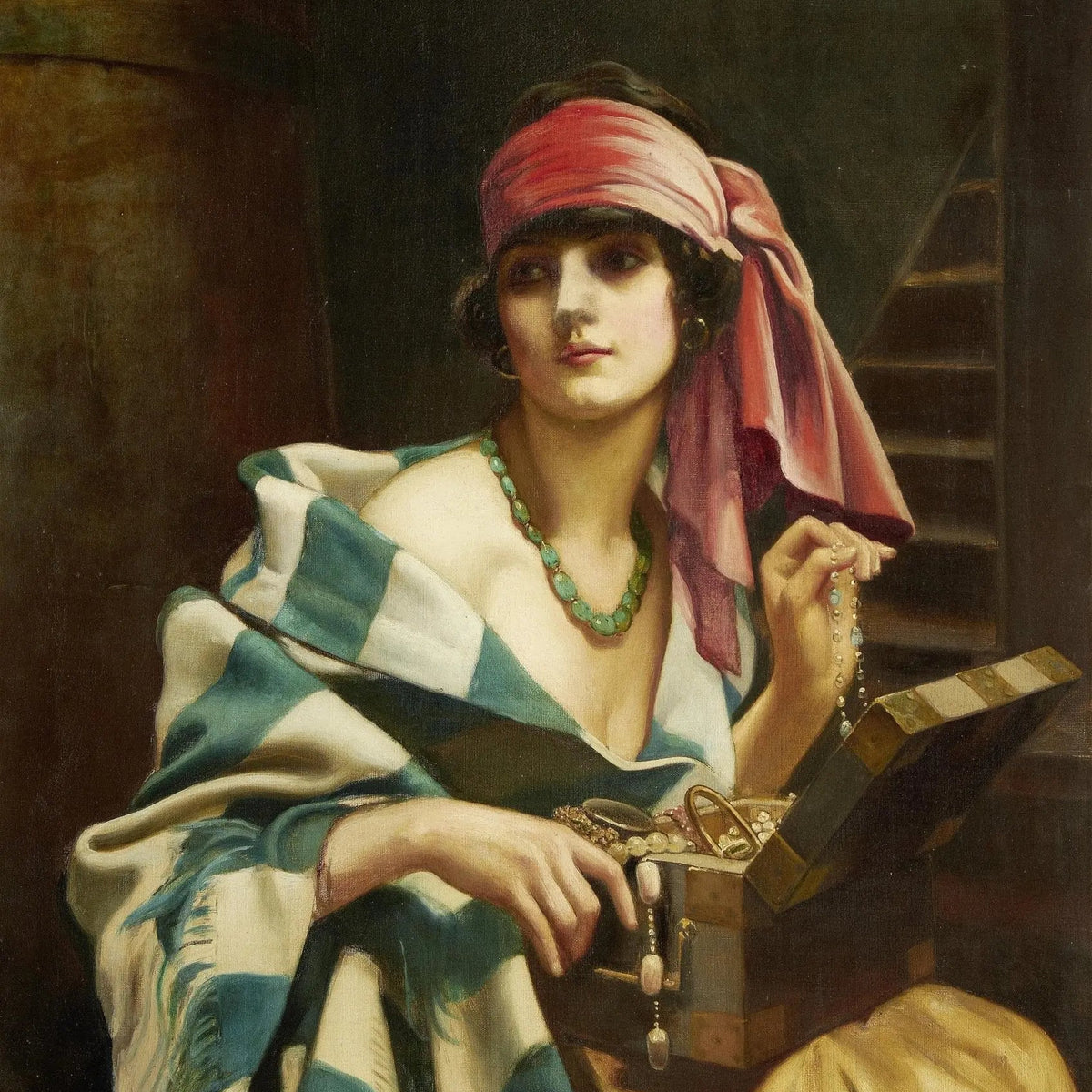 People Oil Painting - Woman with Jewelry Box and Scarf - Oil Painting Haven