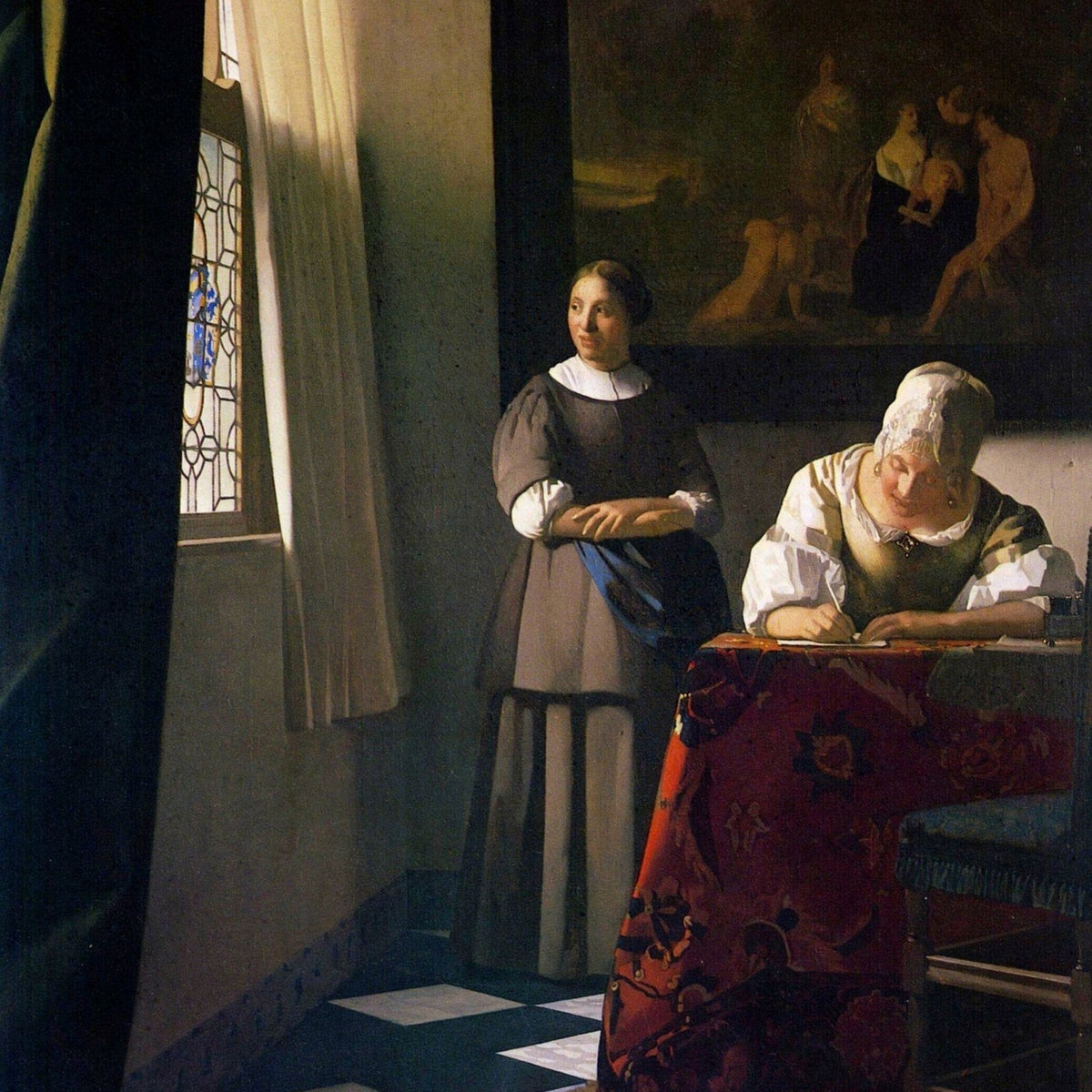 People Oil Painting - Woman Writing Letter with Maid Interior - Oil Painting Haven