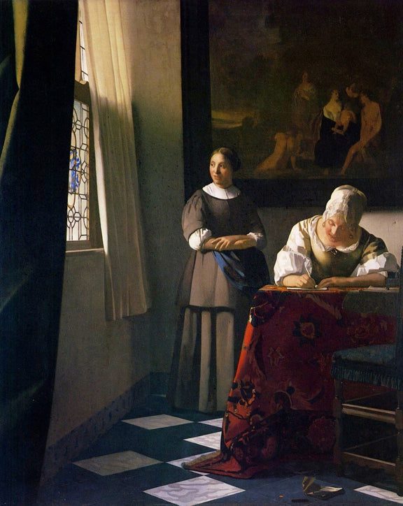 People Oil Painting - Woman Writing Letter with Maid Interior - Oil Painting Haven