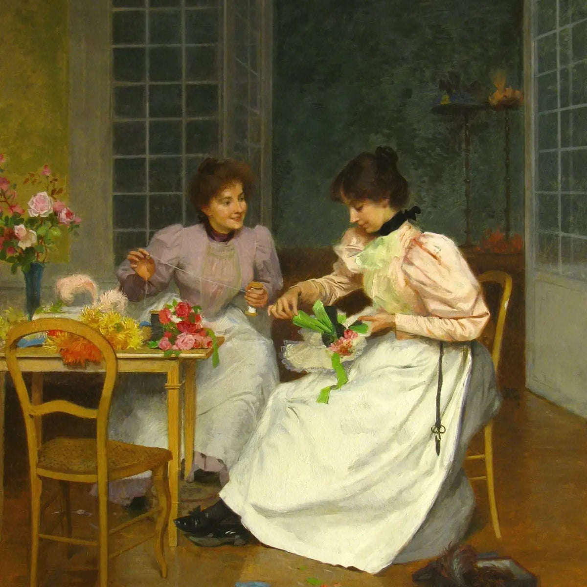 People Oil Painting - Women Arranging Flowers Indoors - Oil Painting Haven