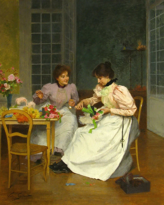 People Oil Painting - Women Arranging Flowers Indoors - Oil Painting Haven