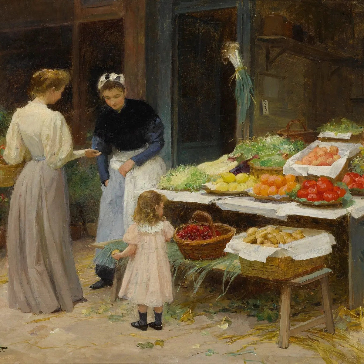 People Oil Painting - Women at Market with Child - Oil Painting Haven