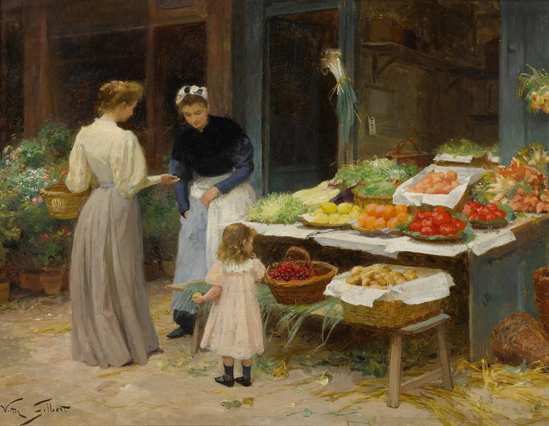 People Oil Painting - Women at Market with Child - Oil Painting Haven