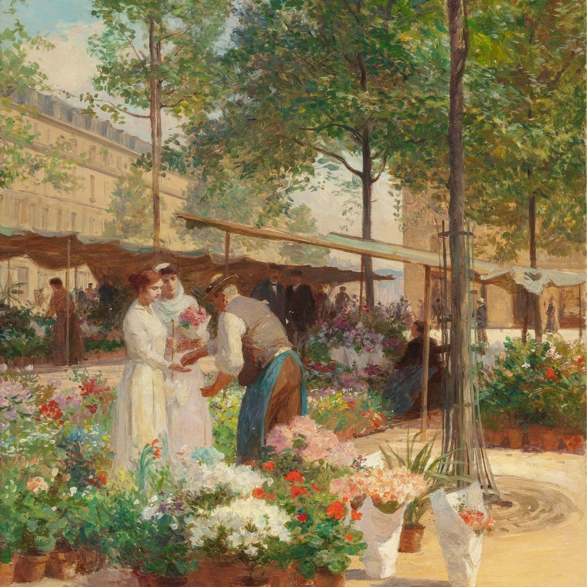People Oil Painting - Women at Outdoor Flower Market - Oil Painting Haven