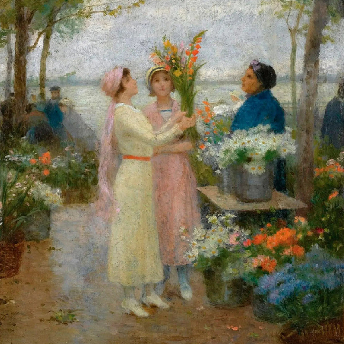 People Oil Painting - Women at Outdoor Flower Market Wall Art - Oil Painting Haven