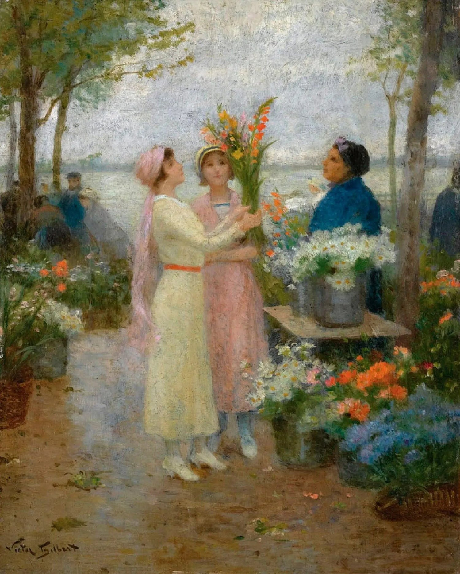 People Oil Painting - Women at Outdoor Flower Market Wall Art - Oil Painting Haven