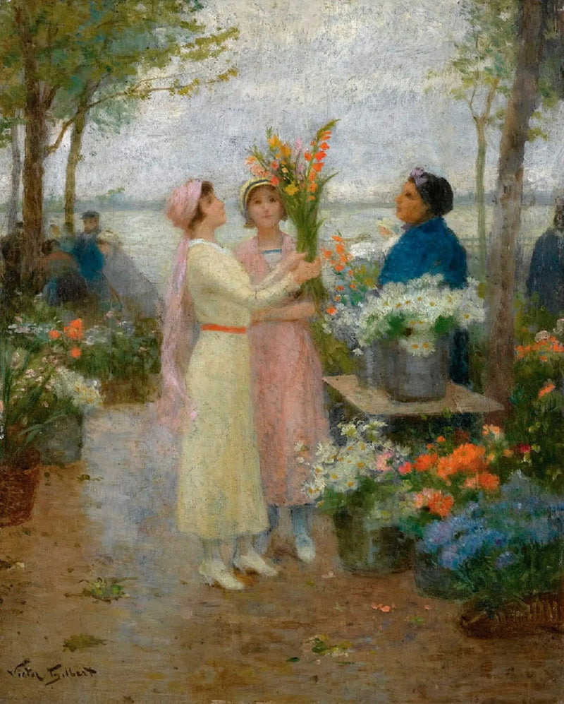 People Oil Painting - Women at Outdoor Flower Market Wall Art - Oil Painting Haven
