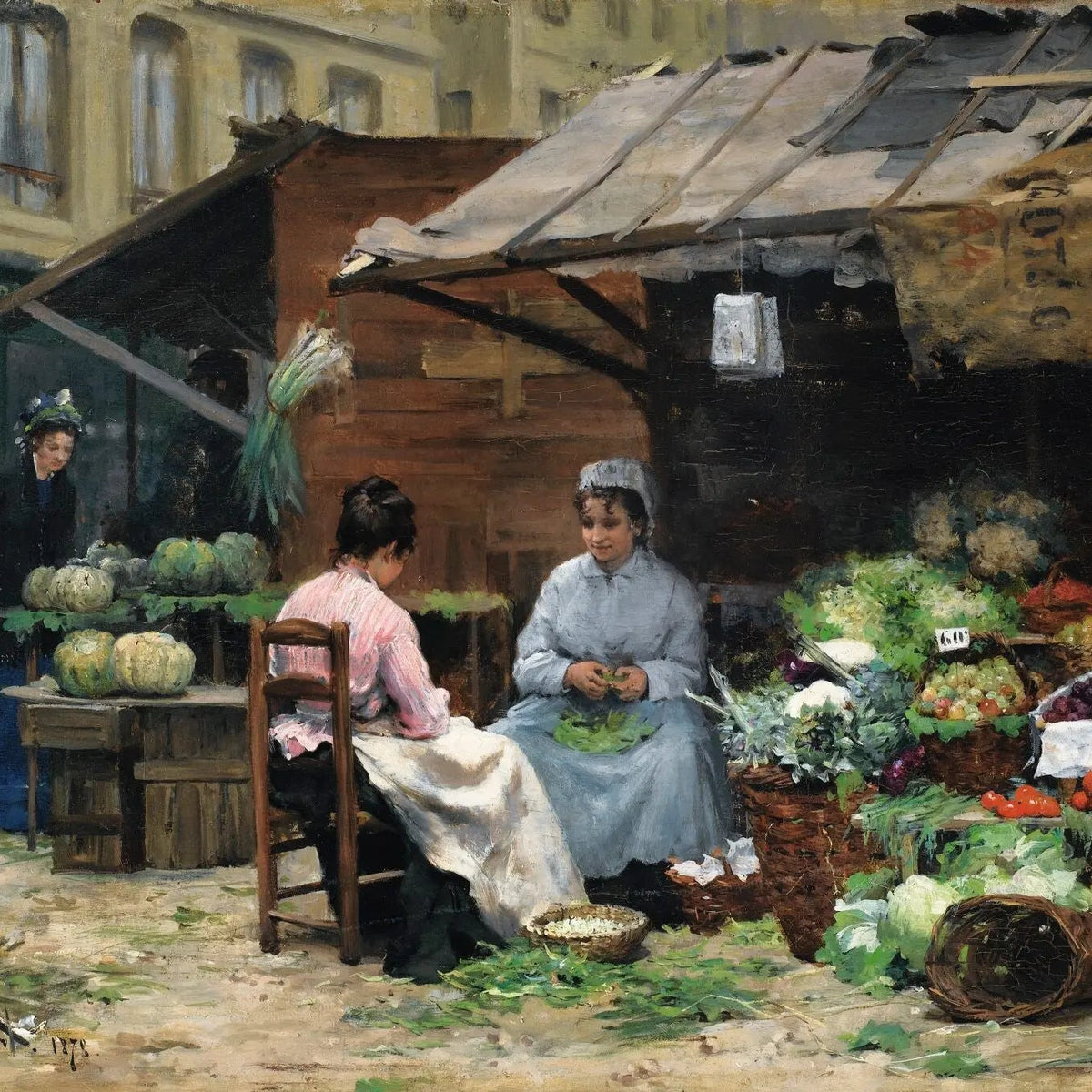 People Oil Painting - Women at Outdoor Vegetable Market - Oil Painting Haven