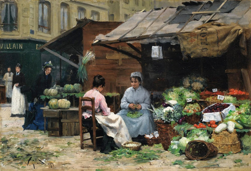 People Oil Painting - Women at Outdoor Vegetable Market - Oil Painting Haven