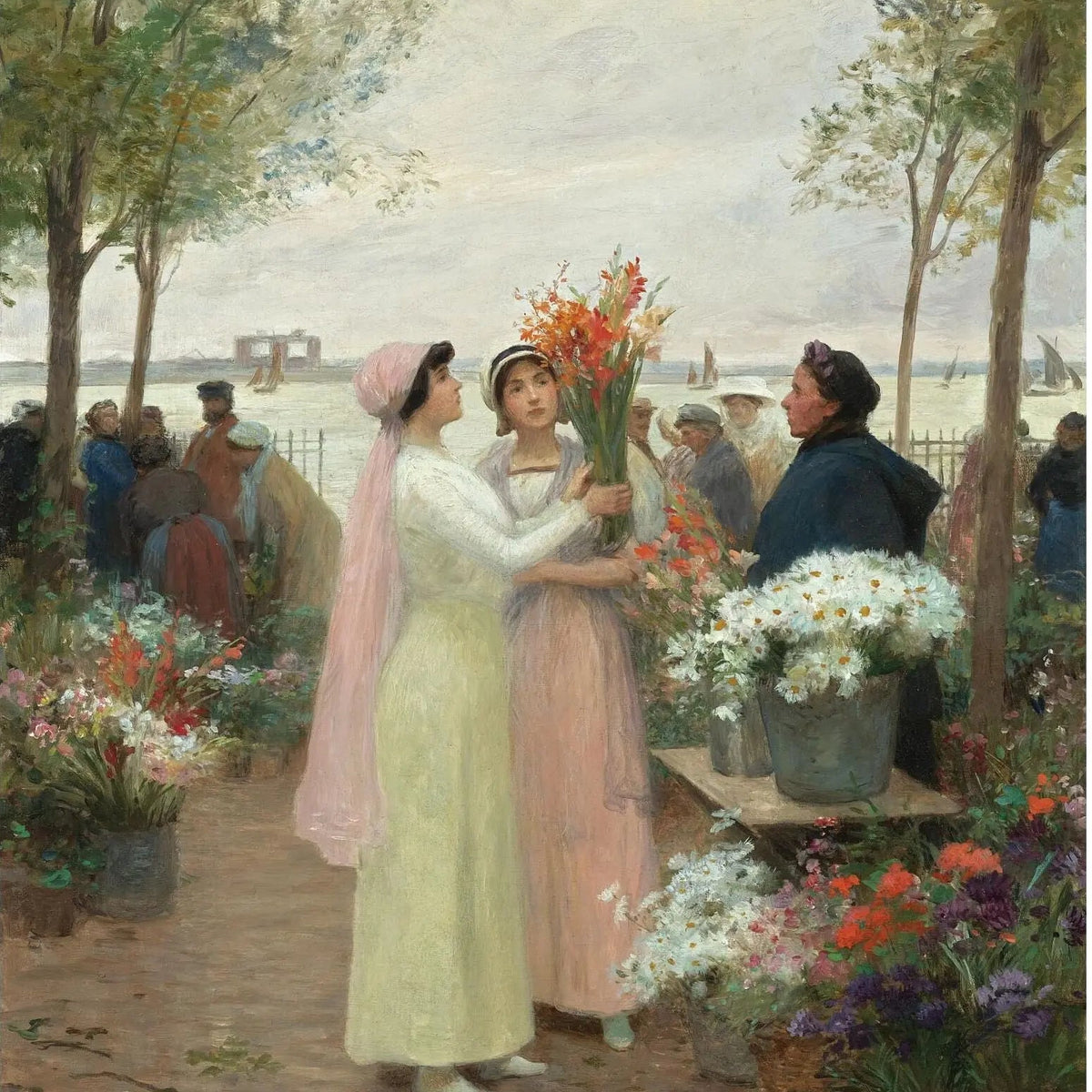 People Oil Painting - Women at Riverside Flower Market - Oil Painting Haven