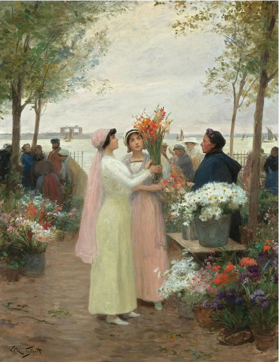 People Oil Painting - Women at Riverside Flower Market - Oil Painting Haven