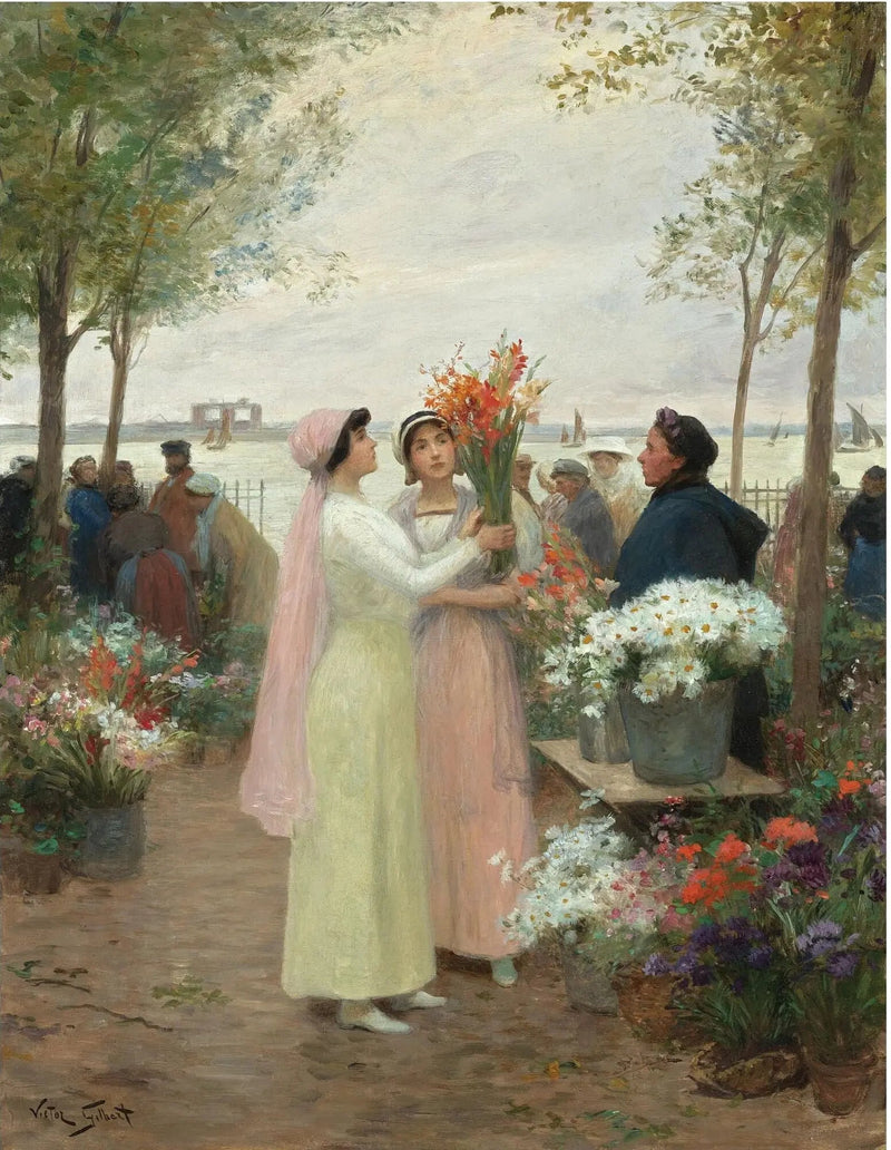People Oil Painting - Women at Riverside Flower Market - Oil Painting Haven