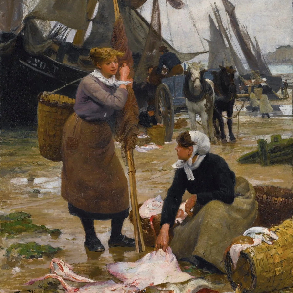 People Oil Painting - Women at Seaside Fish Market - Oil Painting Haven