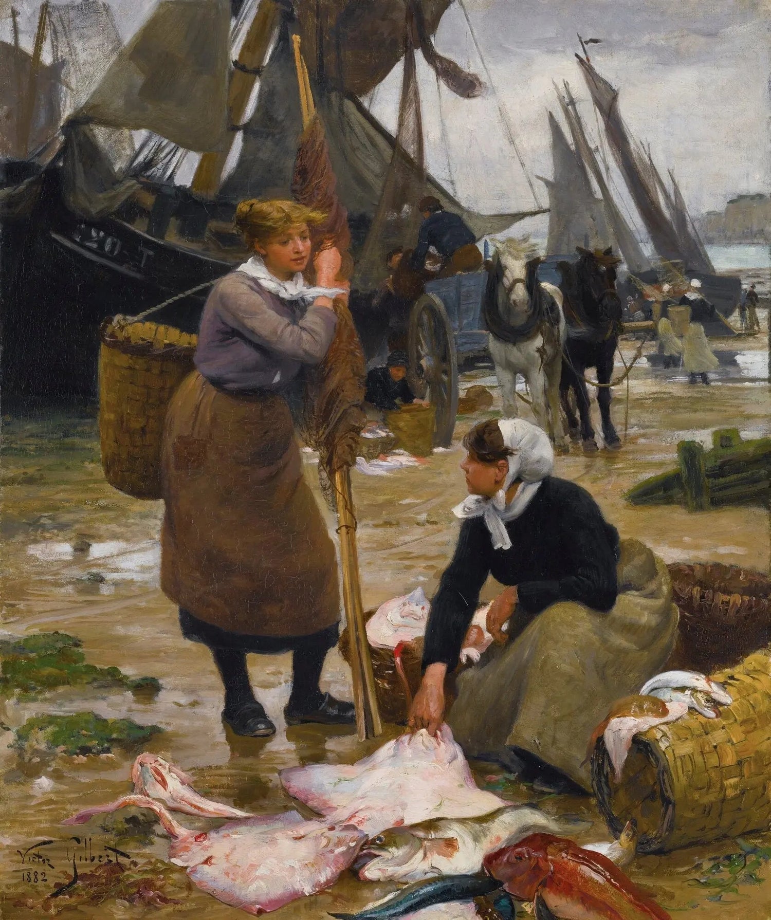 People Oil Painting - Women at Seaside Fish Market - Oil Painting Haven
