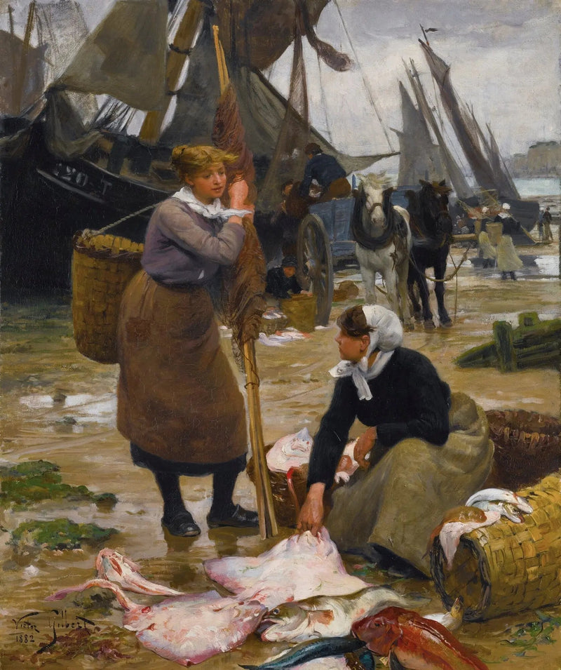 People Oil Painting - Women at Seaside Fish Market - Oil Painting Haven