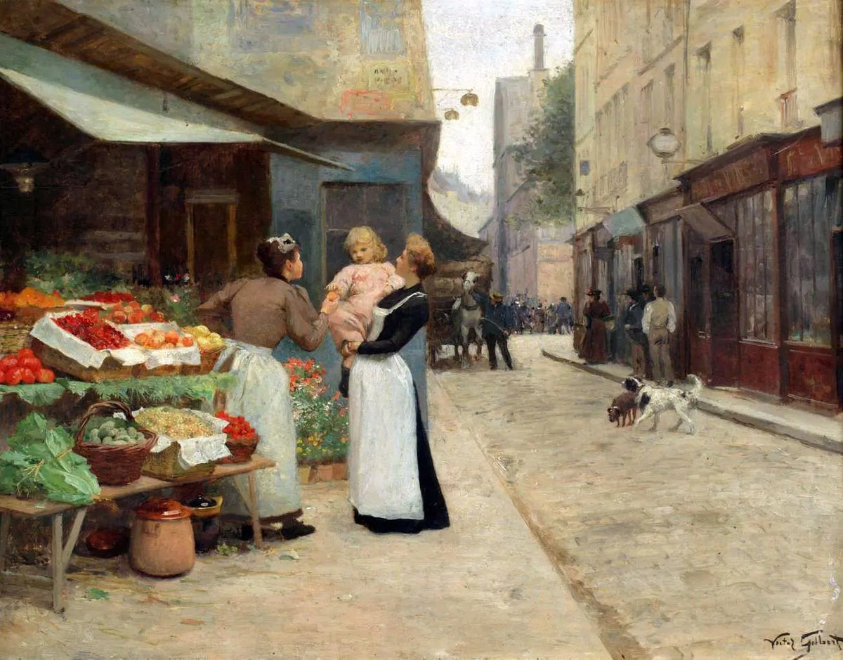 People Oil Painting - Women at Street Market with Child - Oil Painting Haven