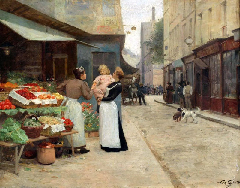 People Oil Painting - Women at Street Market with Child - Oil Painting Haven