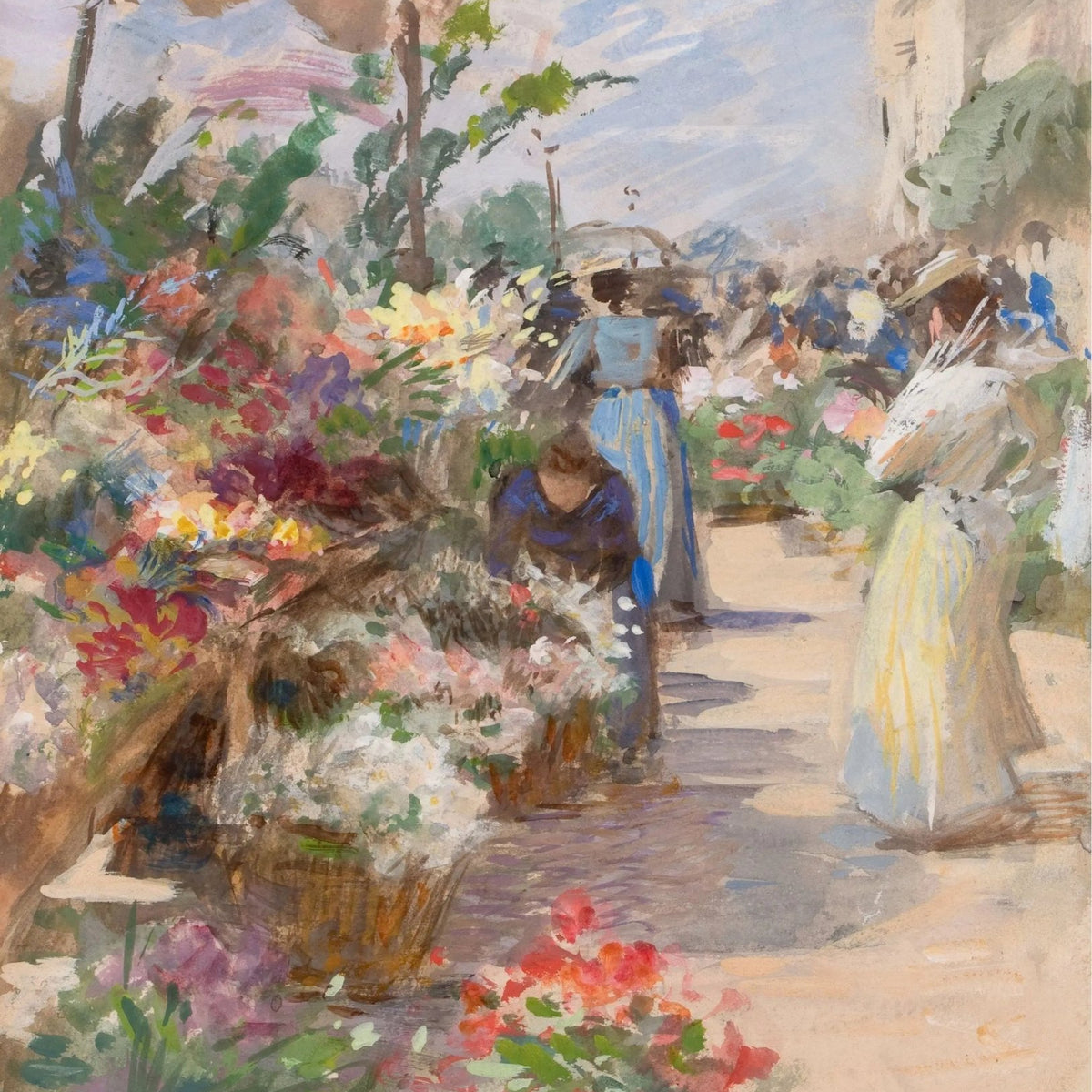 People Oil Painting - Women at Vibrant Flower Market - Oil Painting Haven