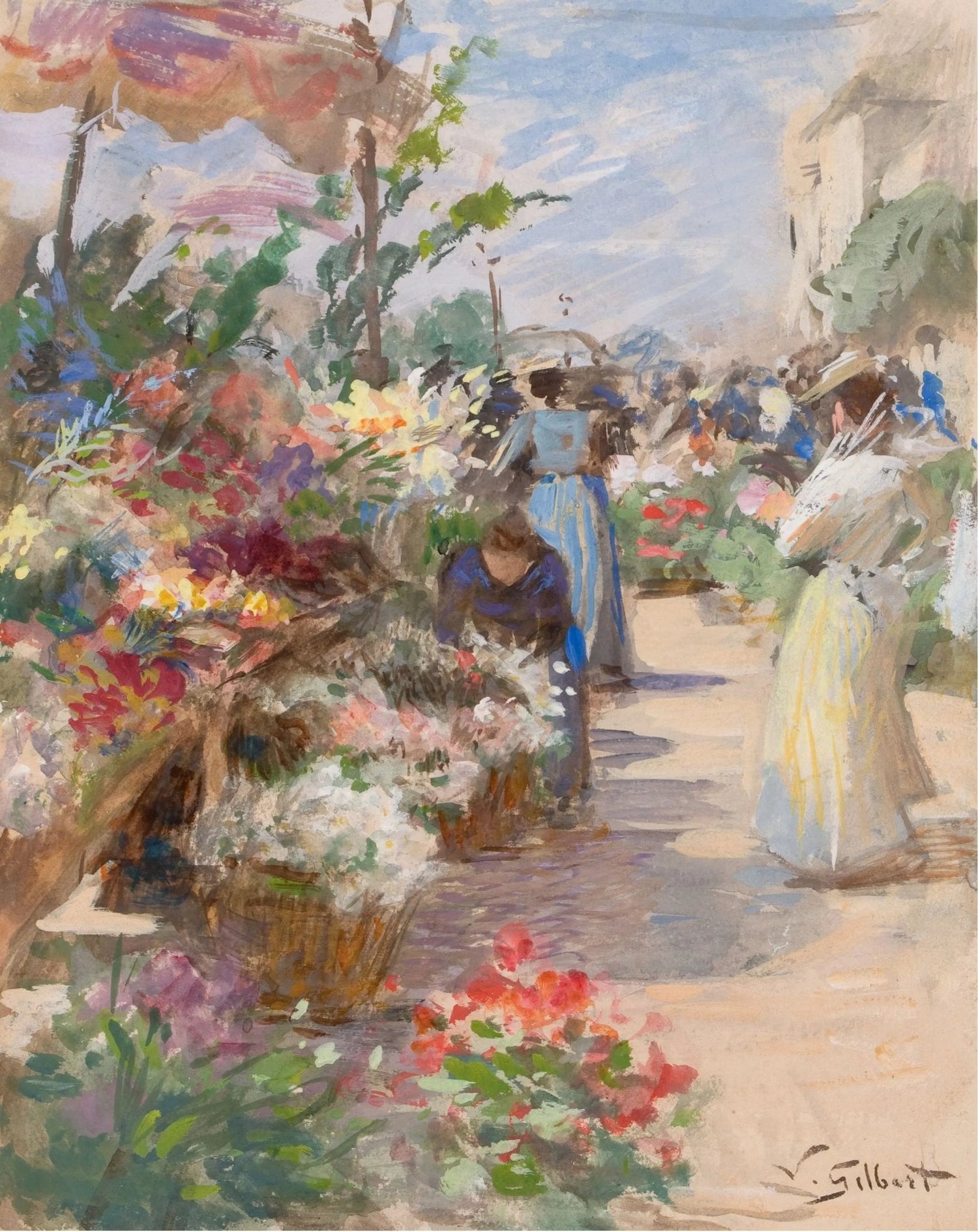 People Oil Painting - Women at Vibrant Flower Market - Oil Painting Haven