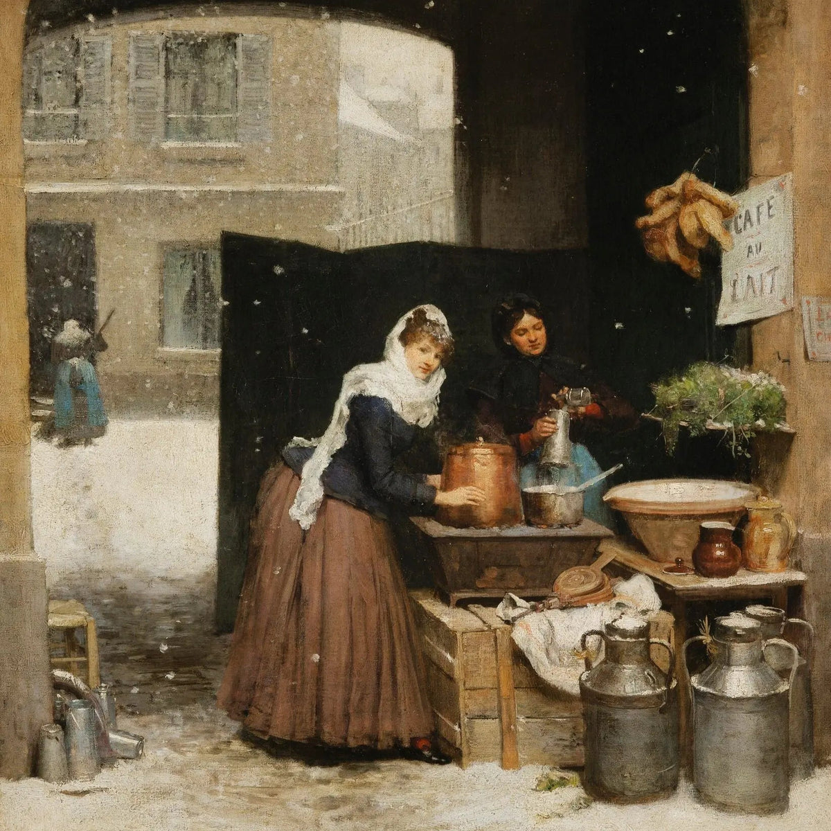 People Oil Painting - Women at Winter Street Stall - Oil Painting Haven