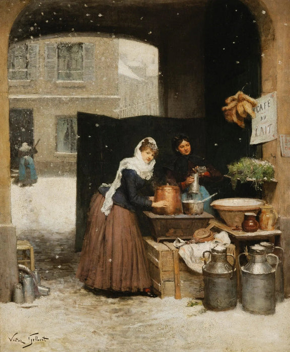 People Oil Painting - Women at Winter Street Stall - Oil Painting Haven