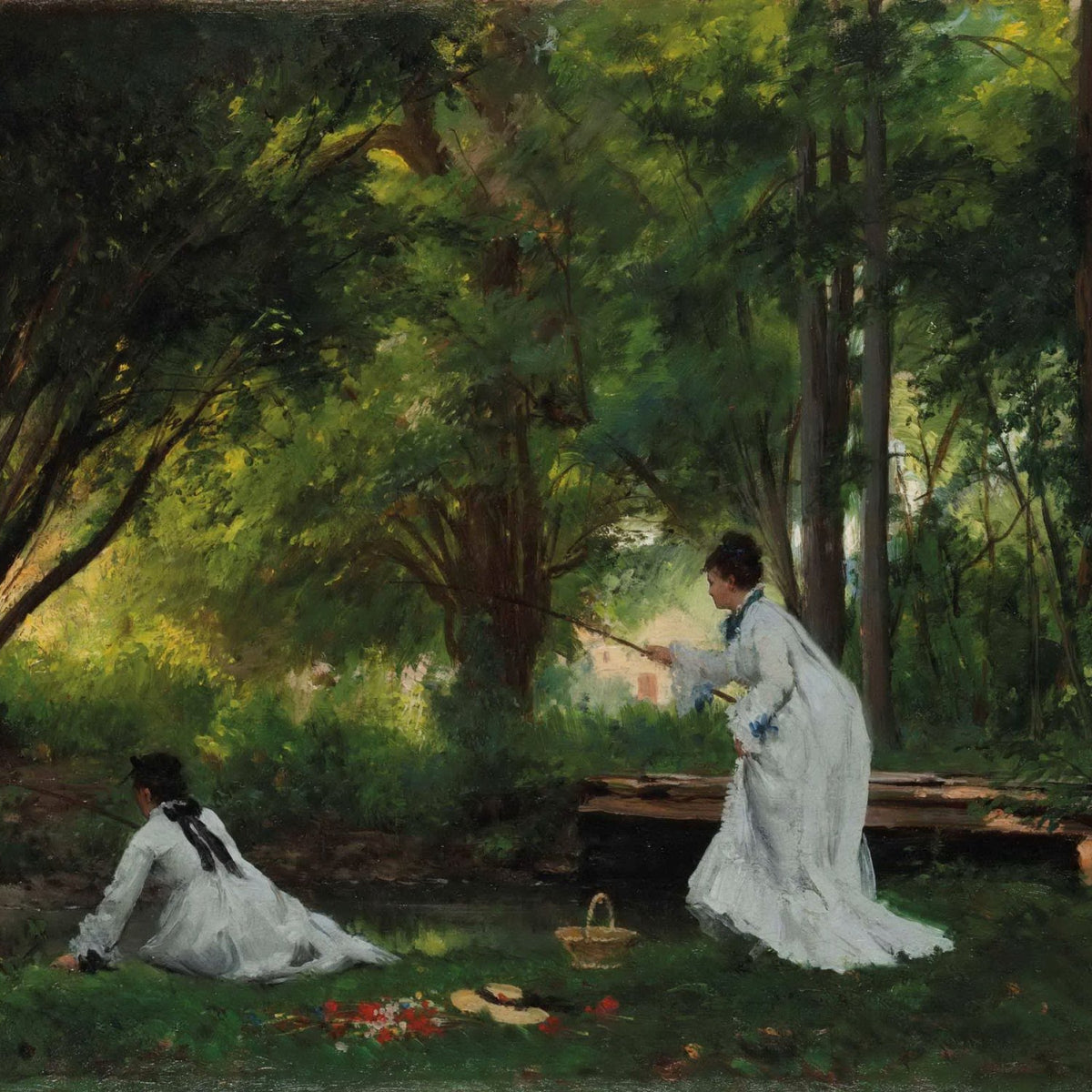 People Oil Painting - Women Fishing in Forest Landscape Scene - Oil Painting Haven