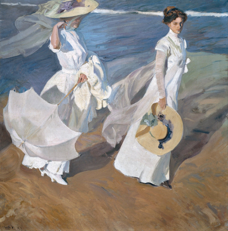 People Oil Painting - Women in White Dresses on Windy Beach - Oil Painting Haven