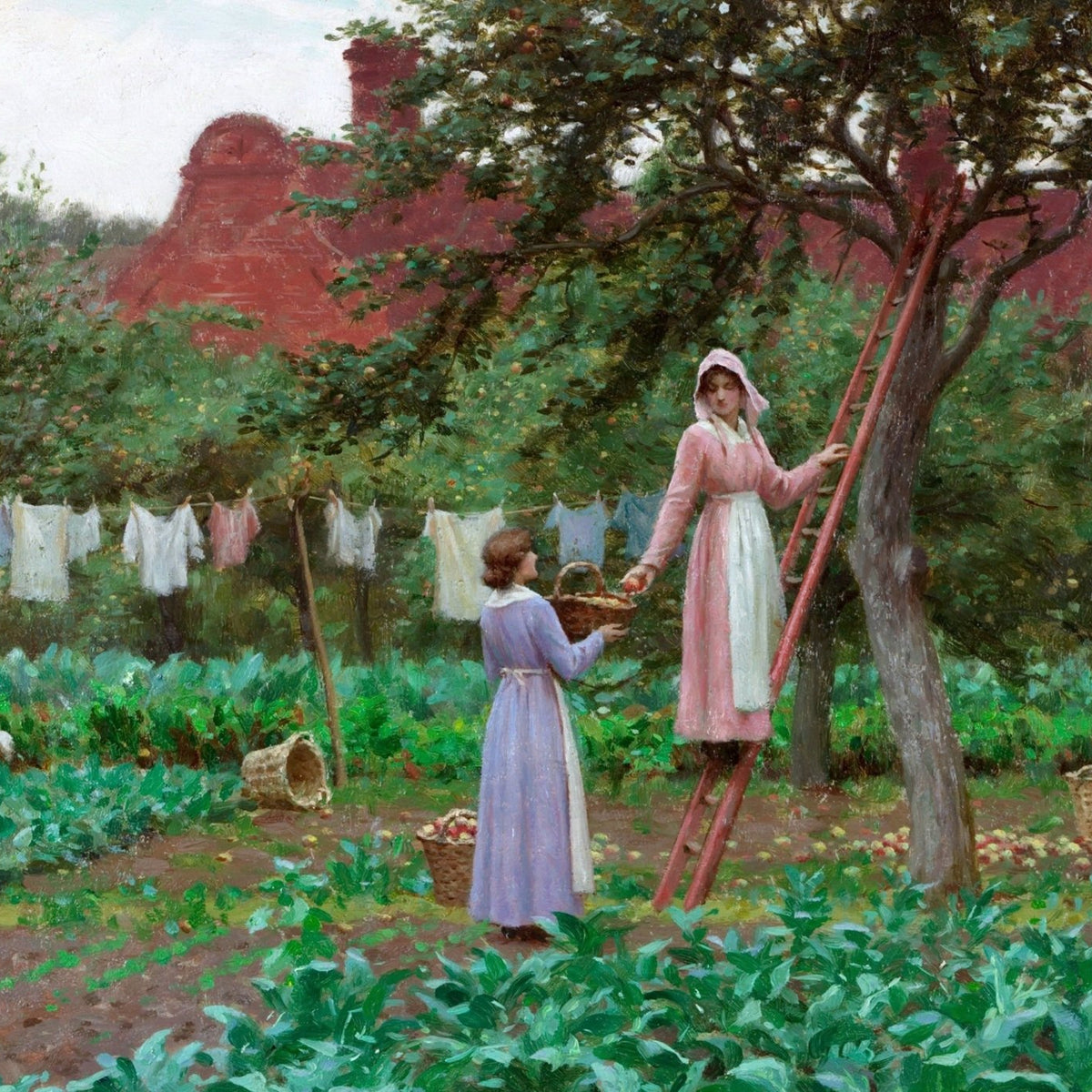 People Oil Painting - Women Picking Apples in Garden Scene - Oil Painting Haven