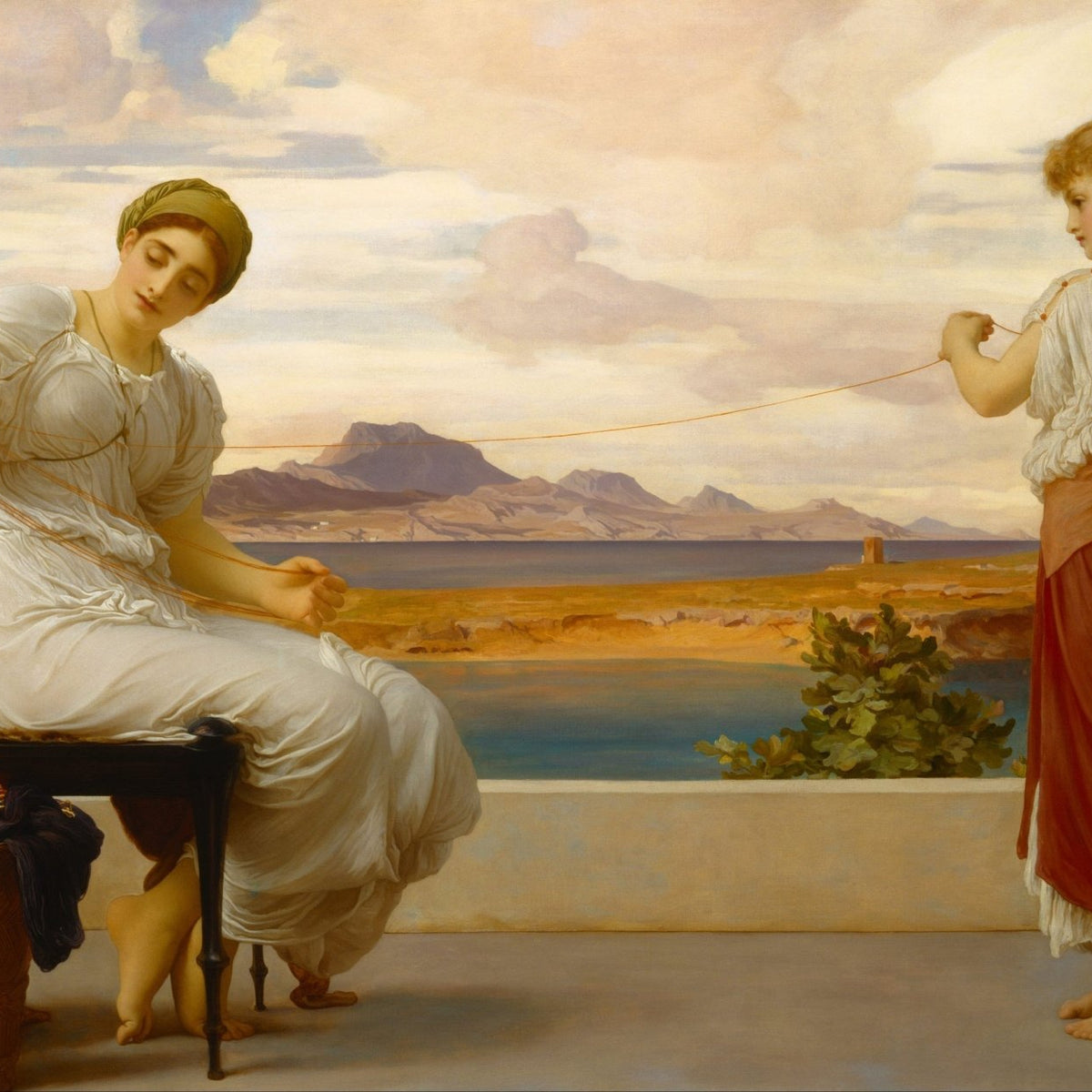 People Oil Painting - Women Spinning Thread by Coastal View - Oil Painting Haven