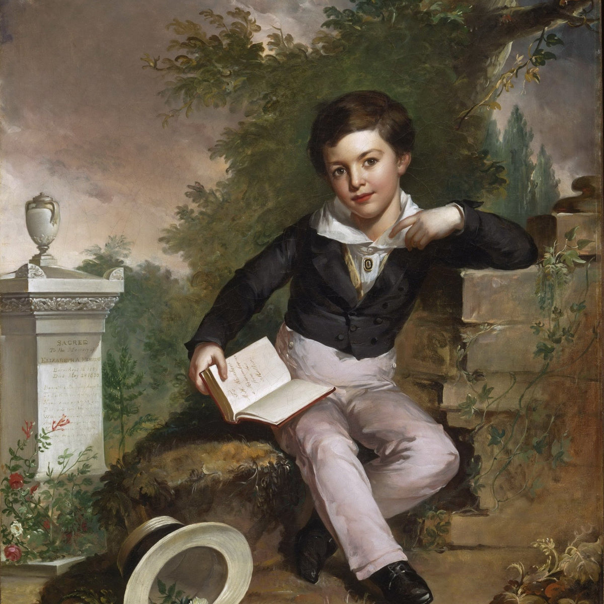 People Oil Painting - Young Boy Portrait with Book Outdoors - Oil Painting Haven