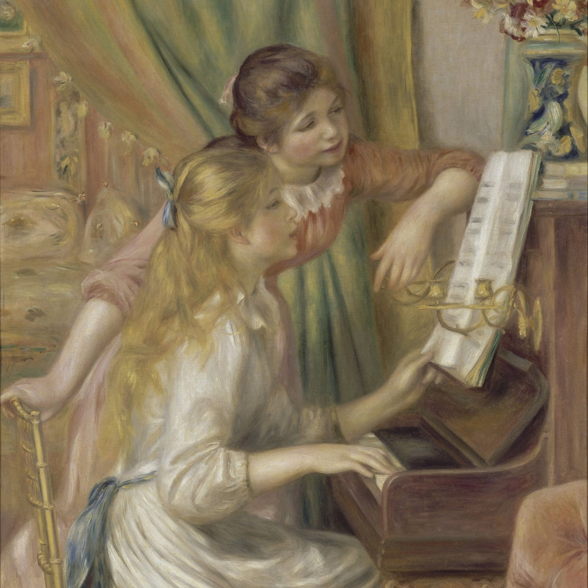 People Oil Painting - Young Girls Playing Piano Indoors - Oil Painting Haven
